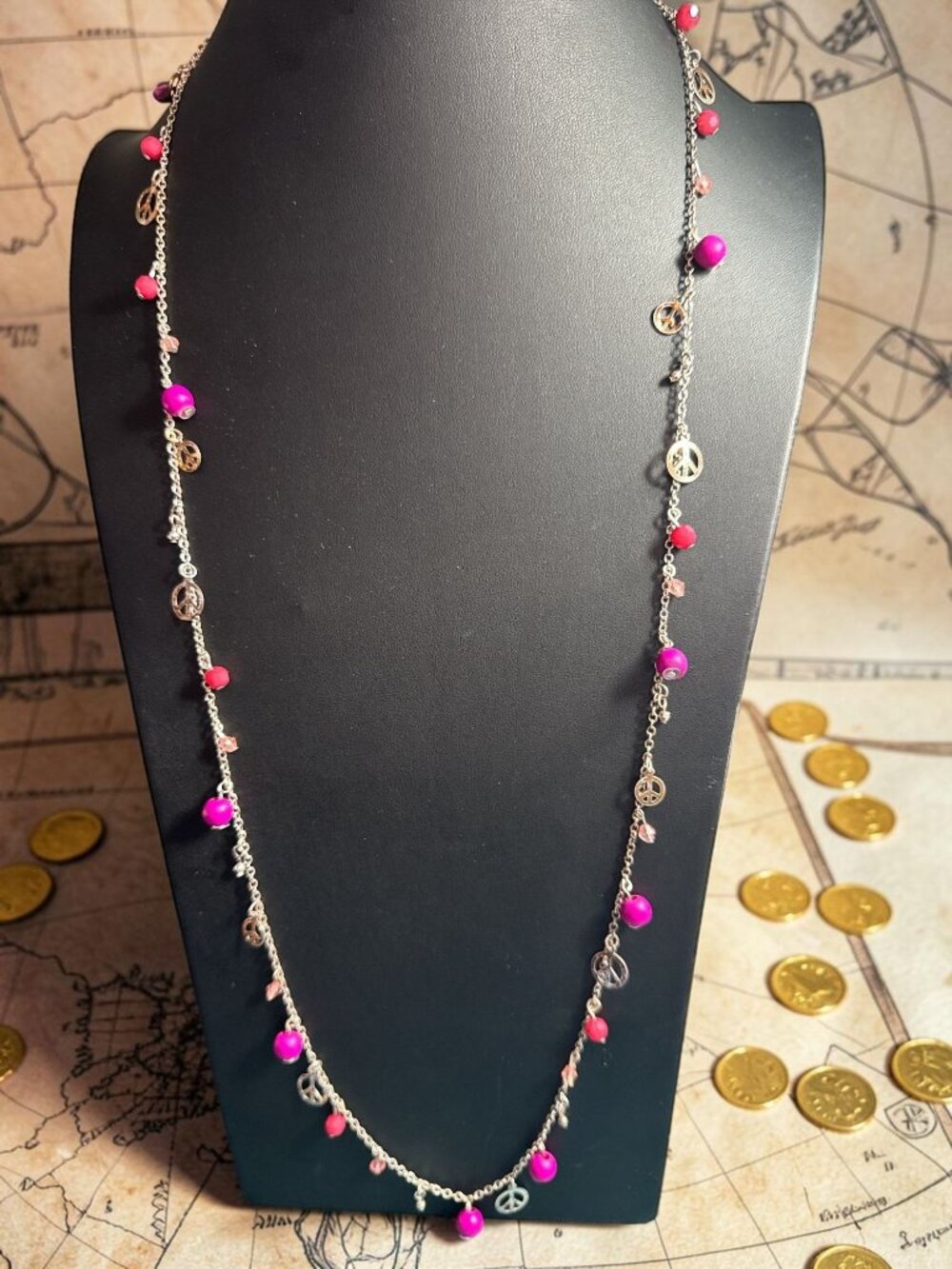 Peace Charm Necklace With Pink & Red Beads Silver Chain Lobster Clasp 32-Inch Le
